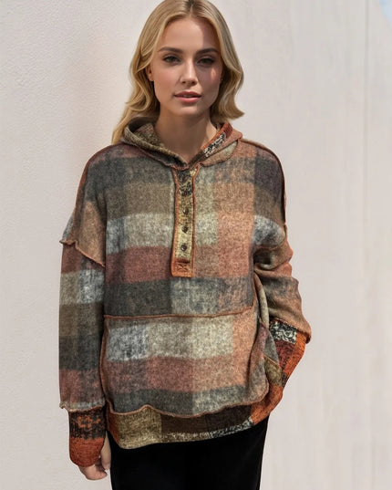 Double Take Full Size Plaid Dropped Shoulder Fleece Hoodie Tangerine