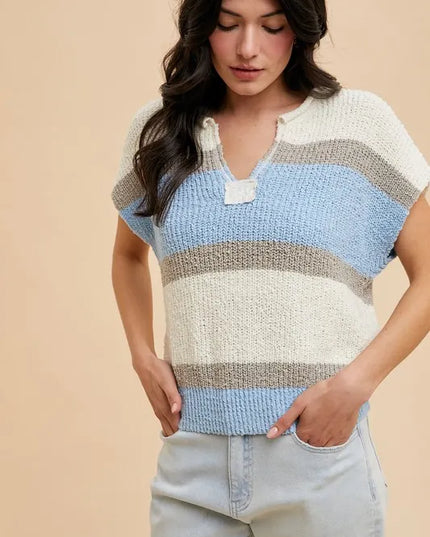 Annie Wear Low Gauge Color Block Textured Sweater Top IVORY DENIM BLUE