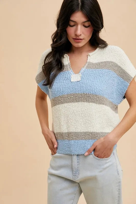 Annie Wear Low Gauge Color Block Textured Sweater Top IVORY DENIM BLUE