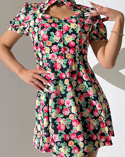 Shiny Floral Buttoned Cutout Puff Sleeve Dress 