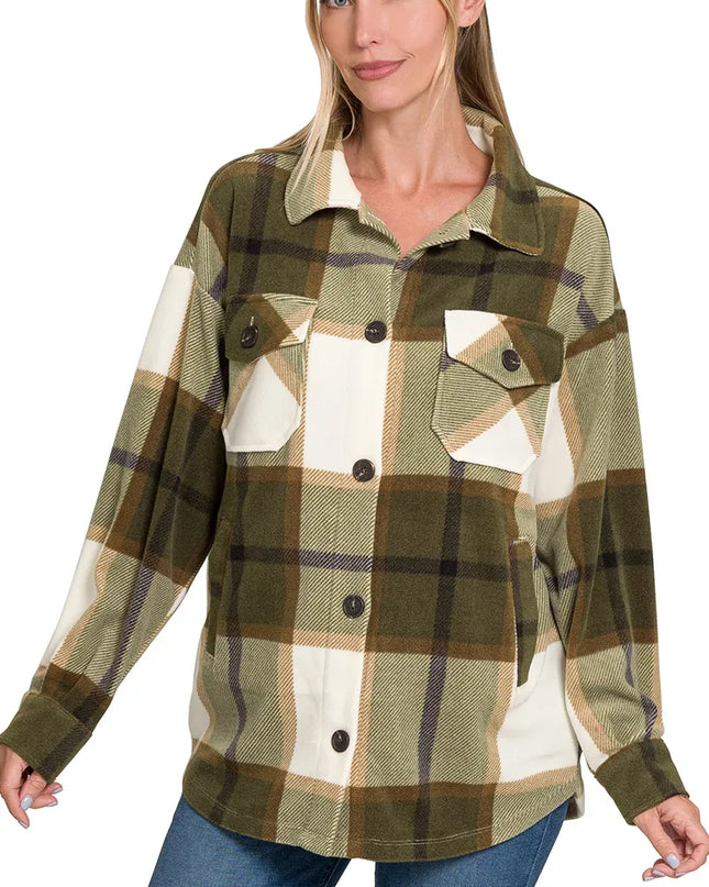 Zenana Oversized Plaid Fleece Shacket OLIVE