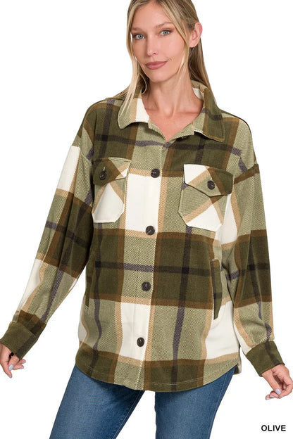 Zenana Oversized Plaid Fleece Shacket OLIVE