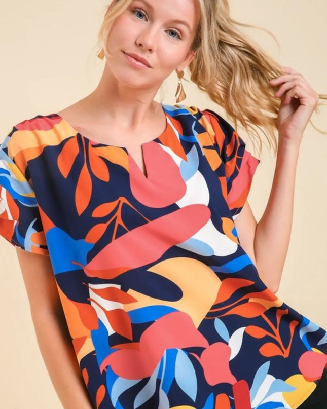 Umgee Full Size Short Sleeved Abstract Print Top Plus Size