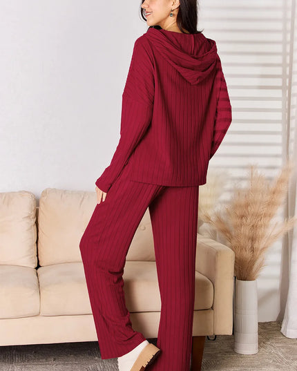 Basic Bae Full Size Ribbed Drawstring Hooded Top and Straight Pants Set
