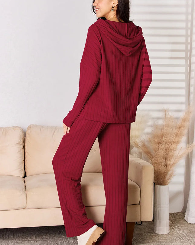 Basic Bae Full Size Ribbed Drawstring Hooded Top and Straight Pants Set