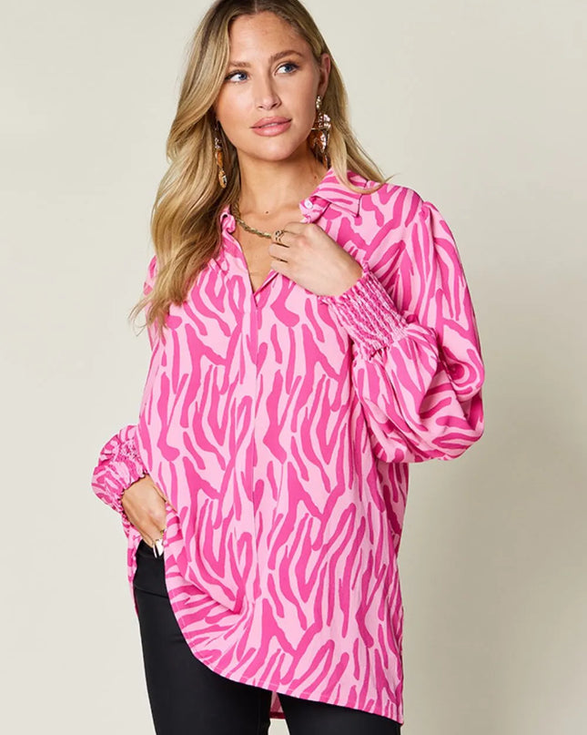 Double Take Full Size Printed Smocked Long Sleeve Blouse Plus Size Deep Rose