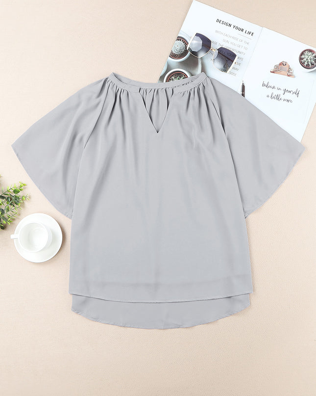 Gathered Detail Notched Neck Flutter Sleeve Top 