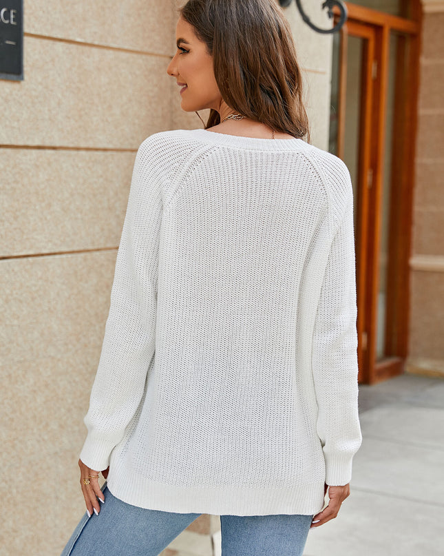 Raglan Sleeve Ribbed Trim Plunge Knit Top