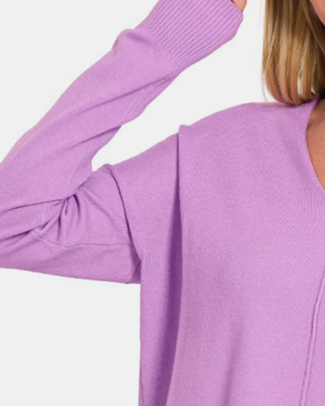 Zenana Slit V-Neck Dropped Shoulder Sweater