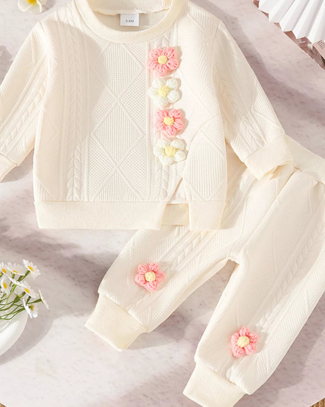 Children's Flower Textured Top and Pants Set Apricot