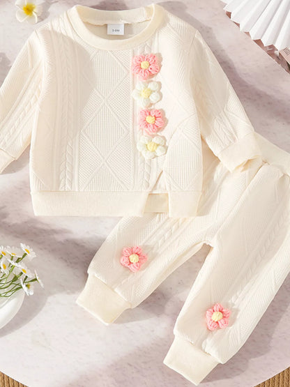 Children's Flower Textured Top and Pants Set Apricot