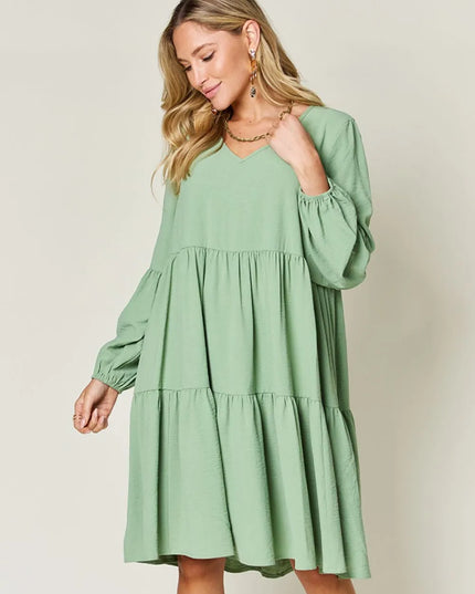 Double Take Full Size V-Neck Balloon Sleeve Tiered Dress with Pockets Light Green