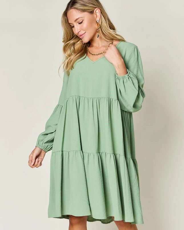 Double Take Full Size V-Neck Balloon Sleeve Tiered Dress with Pockets Light Green