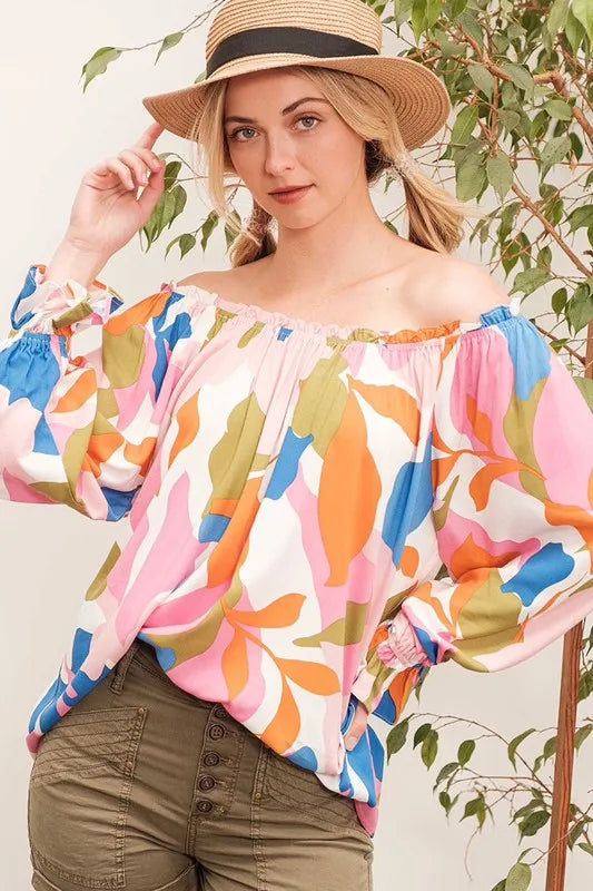 Lime 'N' Chili Abstract Print Off-the-shoulder Long Sleeve Top