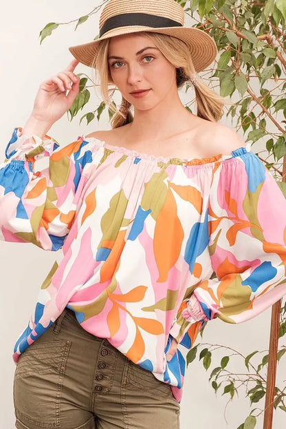Lime 'N' Chili Abstract Print Off-the-shoulder Long Sleeve Top