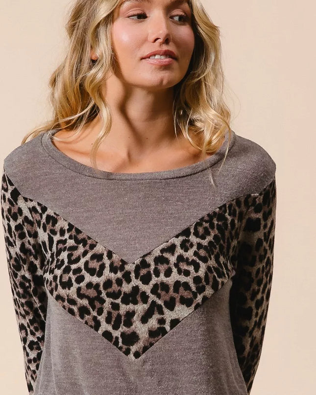 BiBi Sweater Knit Top With Leopard V Shape Block