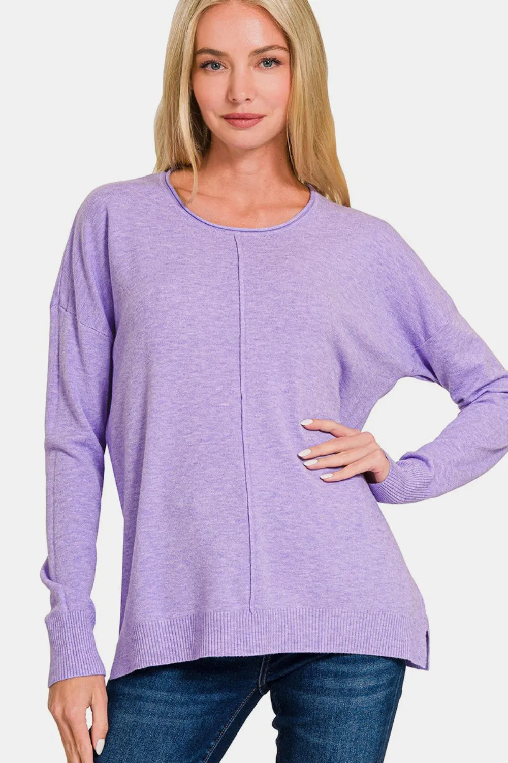 Zenana Front Seam Round Neck Sweater H Lavender