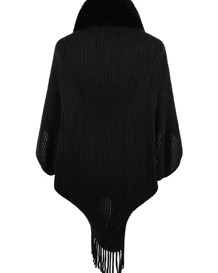 Fringe Detail Long Sleeve Ribbed Poncho