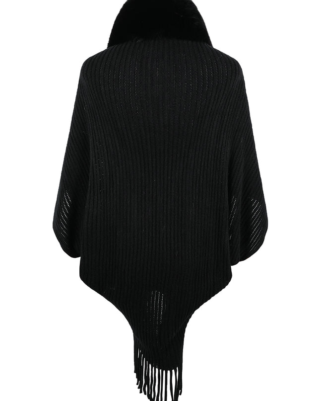 Fringe Detail Long Sleeve Ribbed Poncho