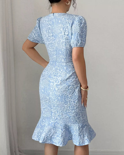 Rose Jacquard Bodycon Dress with Puff Sleeves