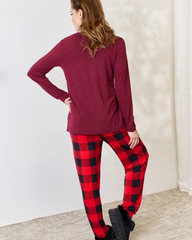 Zenana Full Size Plaid Round Neck Top and Pants Pajama Set