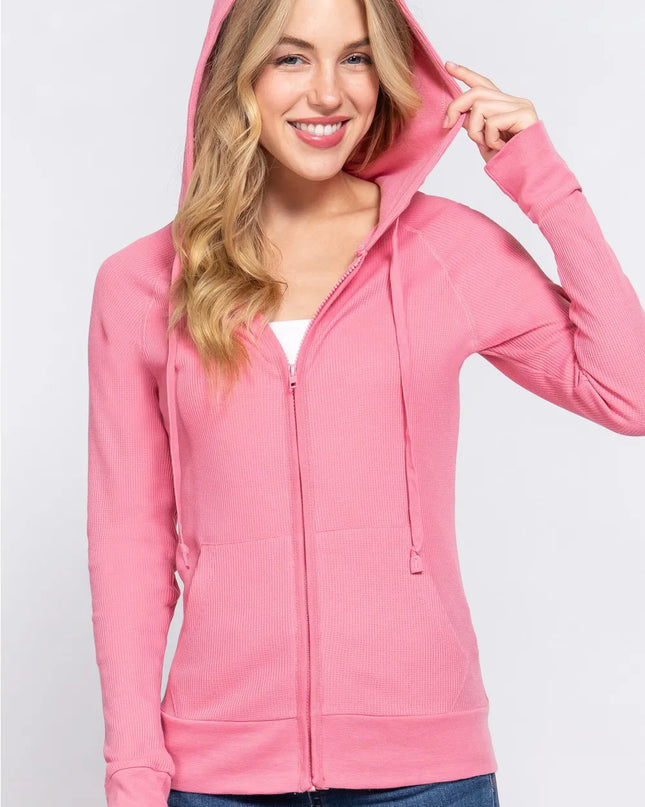 ACTIVE BASIC Waffle Knit Drawstring Zip Up Long Sleeve Hoodie DEEP PINK