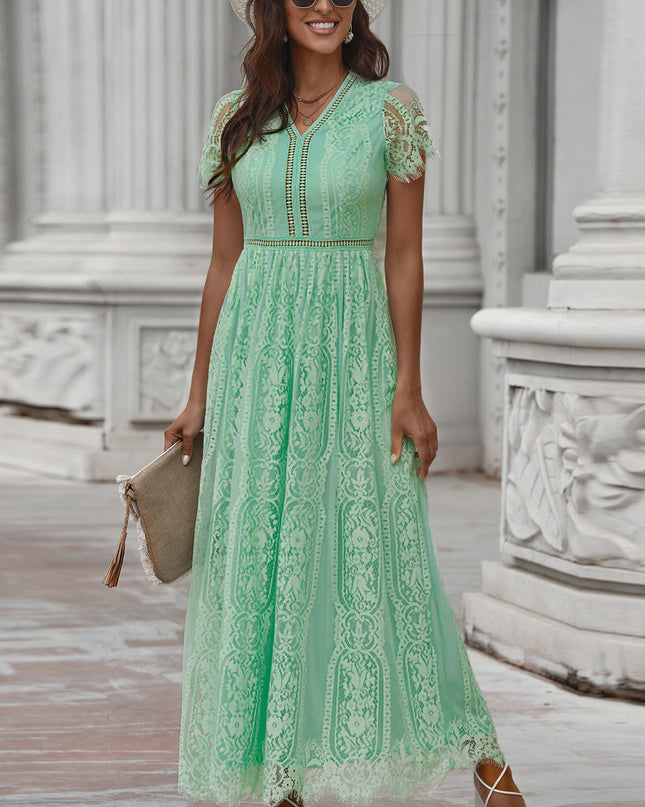 Scalloped Trim Lace Plunge Dress Mid Green