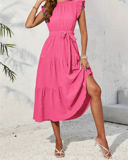 Frill Mock Neck Ruffled Cap Sleeve Midi Dress Hot Pink