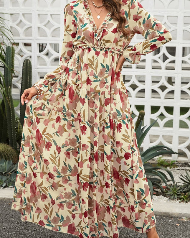 Floral Frill Trim Flounce Sleeve Plunge Maxi Dress Sand
