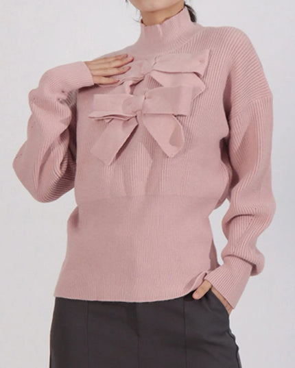 Bow Front Turtleneck Long Sleeve Sweater Pink