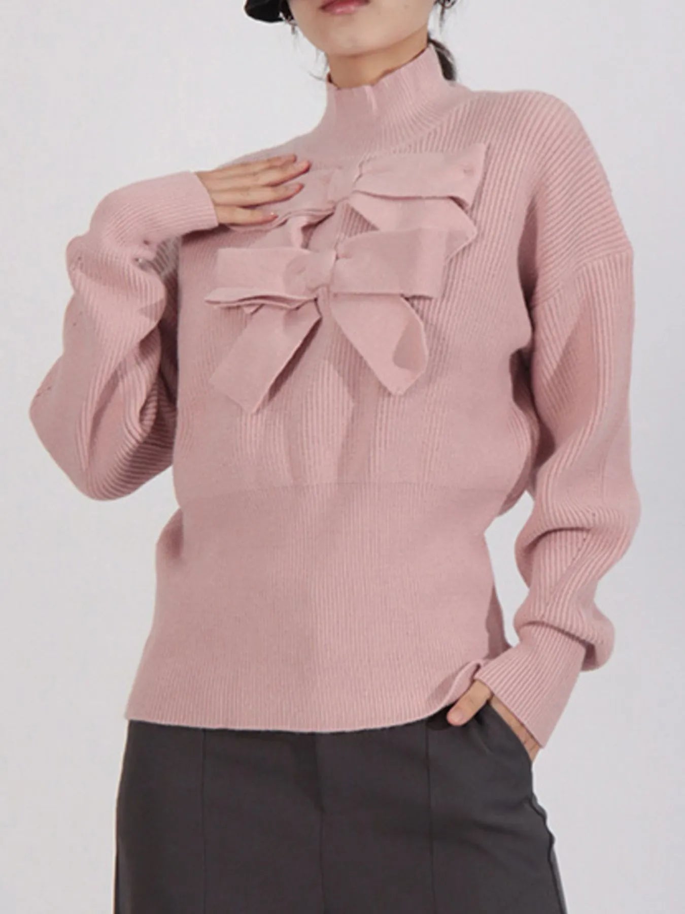 Bow Front Turtleneck Long Sleeve Sweater Pink