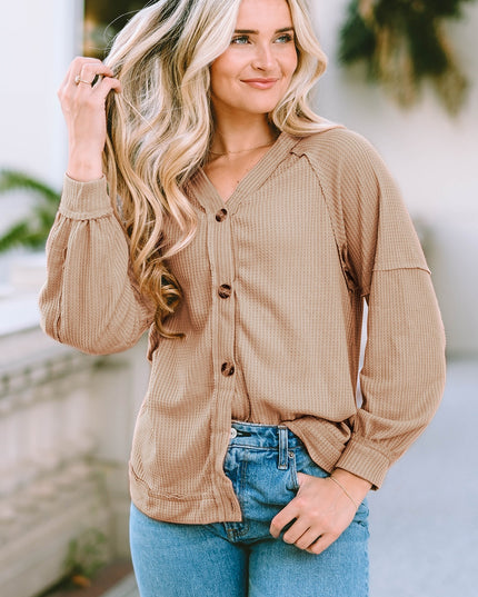 Button Down V-Neck Waffle Knit Shirt