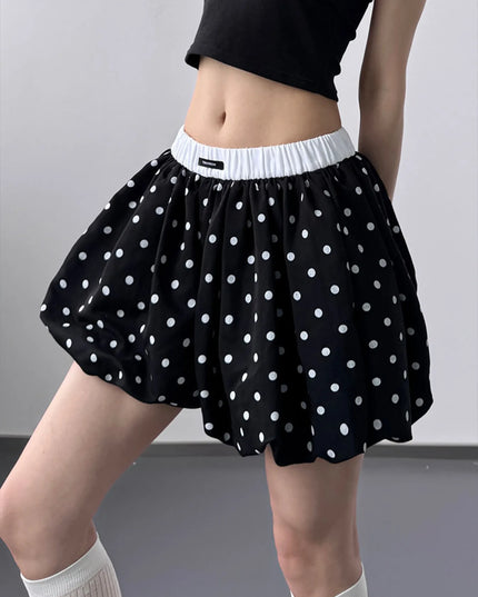 Polka Dot Bubble Shorts with Elastic Waistband Black