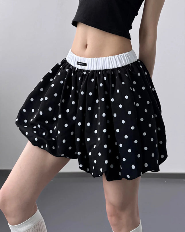 Polka Dot Bubble Shorts with Elastic Waistband Black