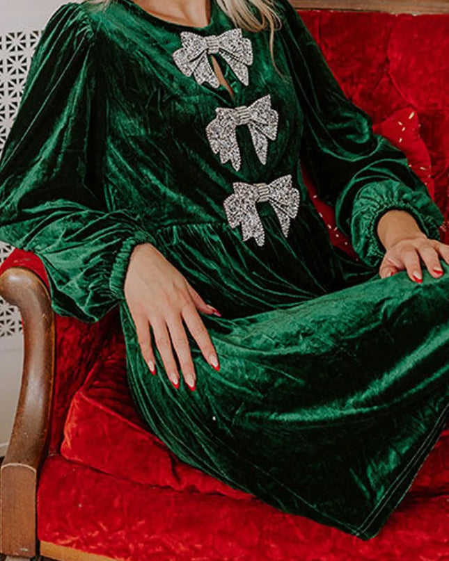 Velvet Bow Front Balloon Sleeve Dress