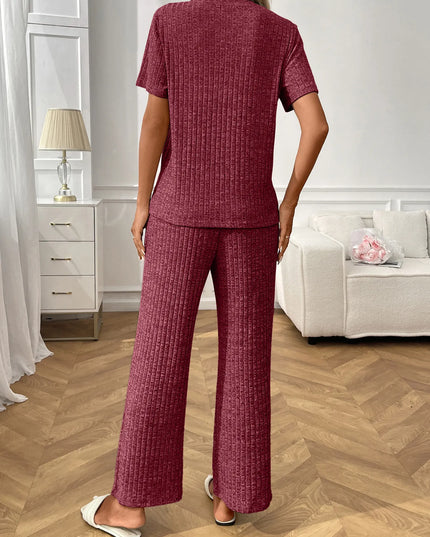 Ribbed Knit Short Sleeve Top and Pants Lounge Set