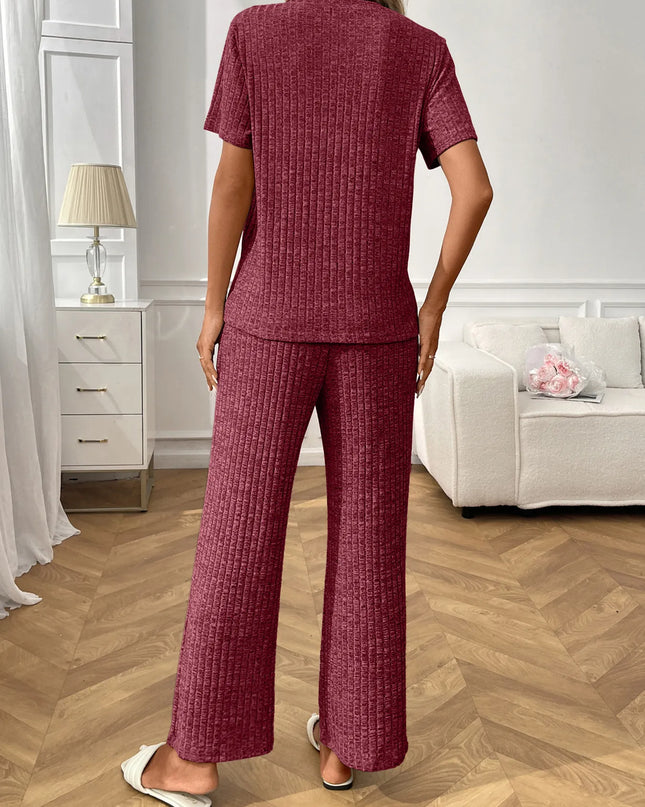 Ribbed Knit Short Sleeve Top and Pants Lounge Set