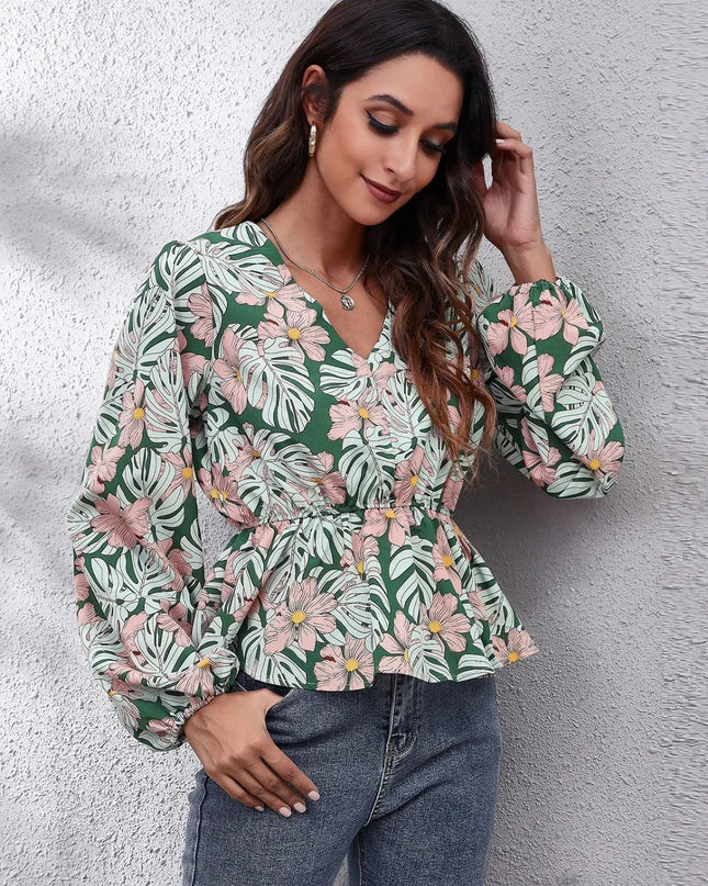 Floral V-Neck Balloon Sleeve Peplum Blouse
