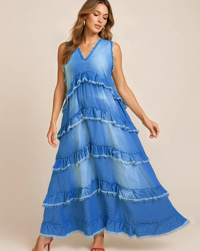 Raw Hem Layered Denim Maxi Dress 