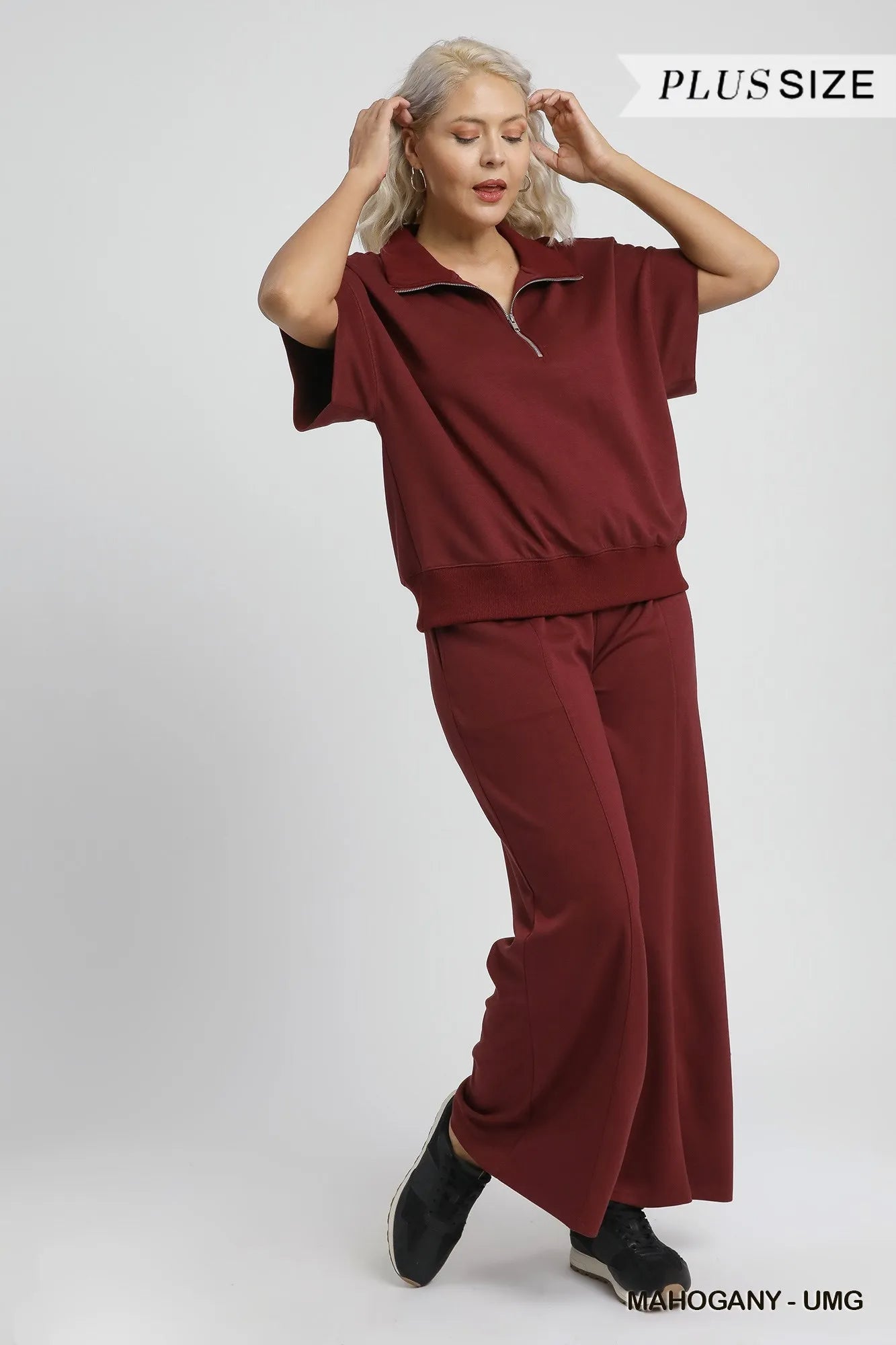 Umgee Full Size Half-Zip Short Sleeve Top Plus Size