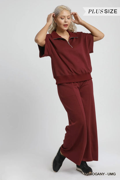 Umgee Full Size Half-Zip Short Sleeve Top Plus Size