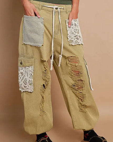 POL Crochet Patch Distressed Washed Jeans Olive