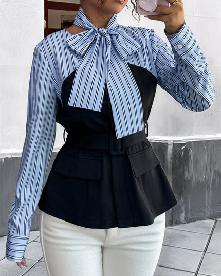 Striped Long Sleeve Blouse with Bow Tie Blue