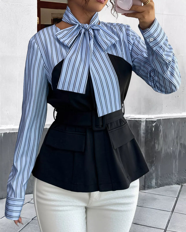 Striped Long Sleeve Blouse with Bow Tie Blue