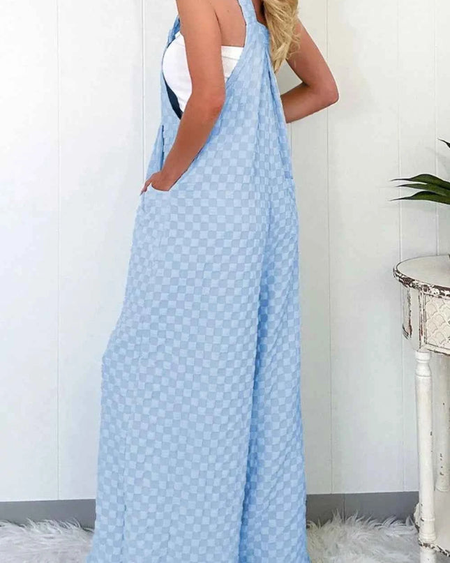 Checkered Pocketed Wide Leg Overalls