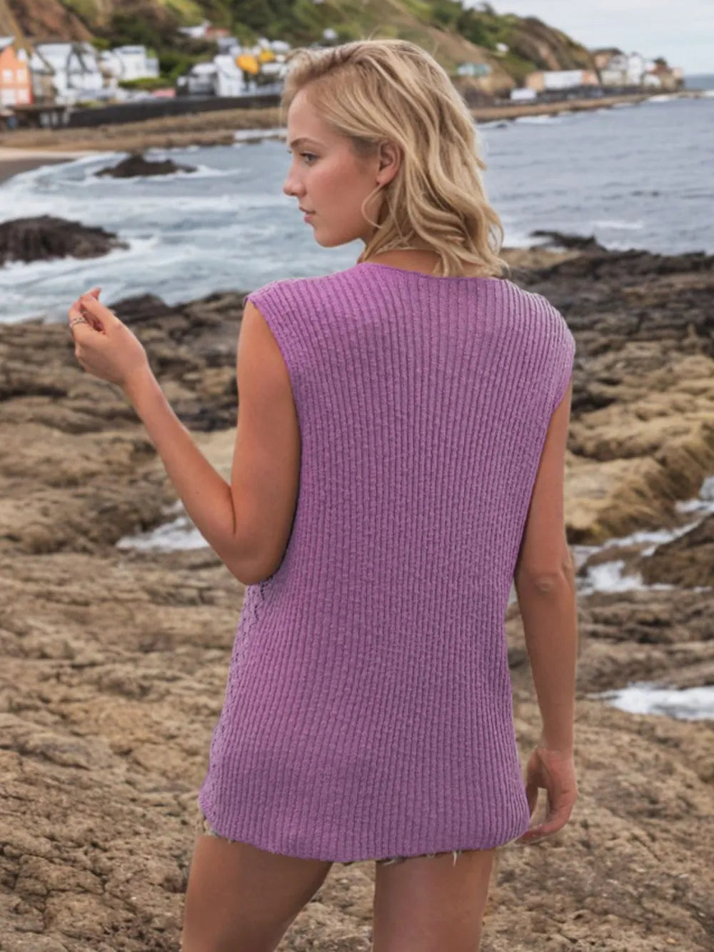 Button Down Eyelet V-Neck Sweater Vest