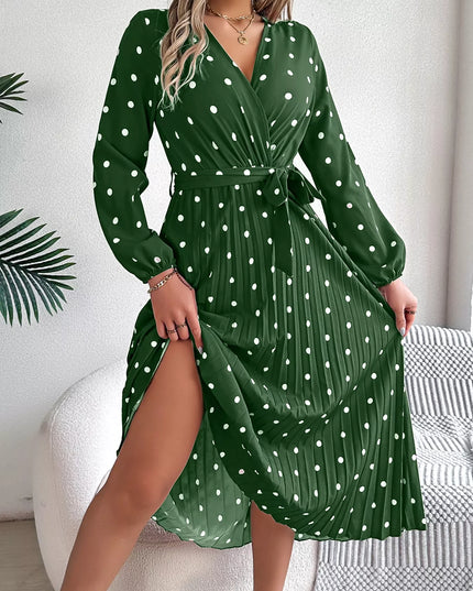 Front Tie Polka Dot Midi Pleated Dress Dark Green