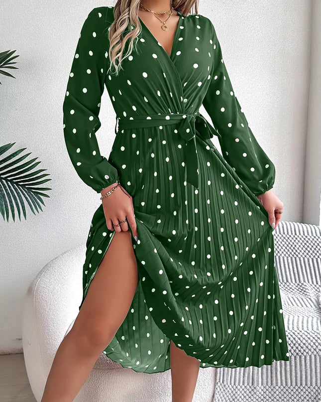Front Tie Polka Dot Midi Pleated Dress Dark Green