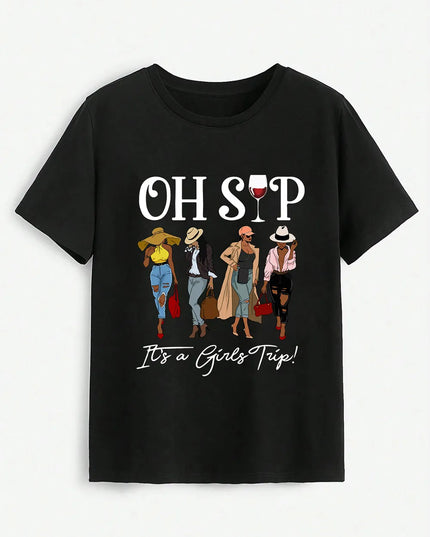 Graphic Round Neck Short Sleeve T-Shirt Black