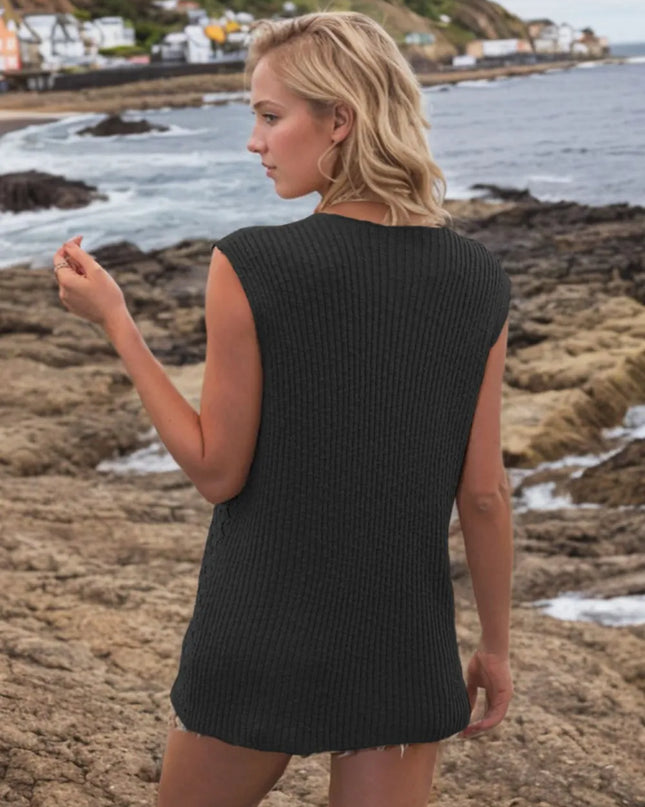 Button Down Eyelet V-Neck Sweater Vest